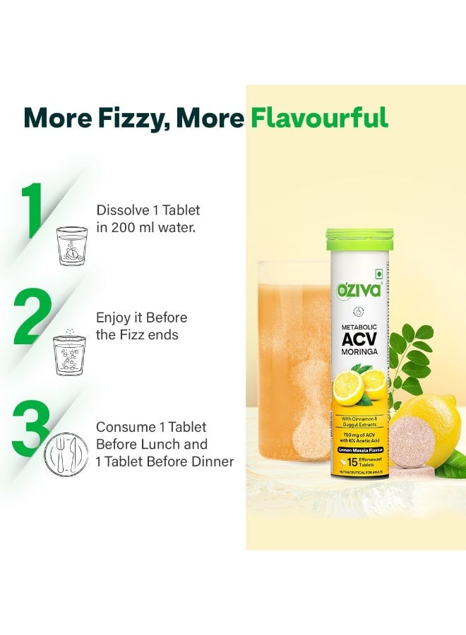 OZiva ACV Moringa Control Cravings Apple Cider Vinegar Cinnamon Guggul No Maltodextrin No Added Sugar 15 Effervescent Tablets Lemon Masala Pack of 8 120 Tablets - Image 5